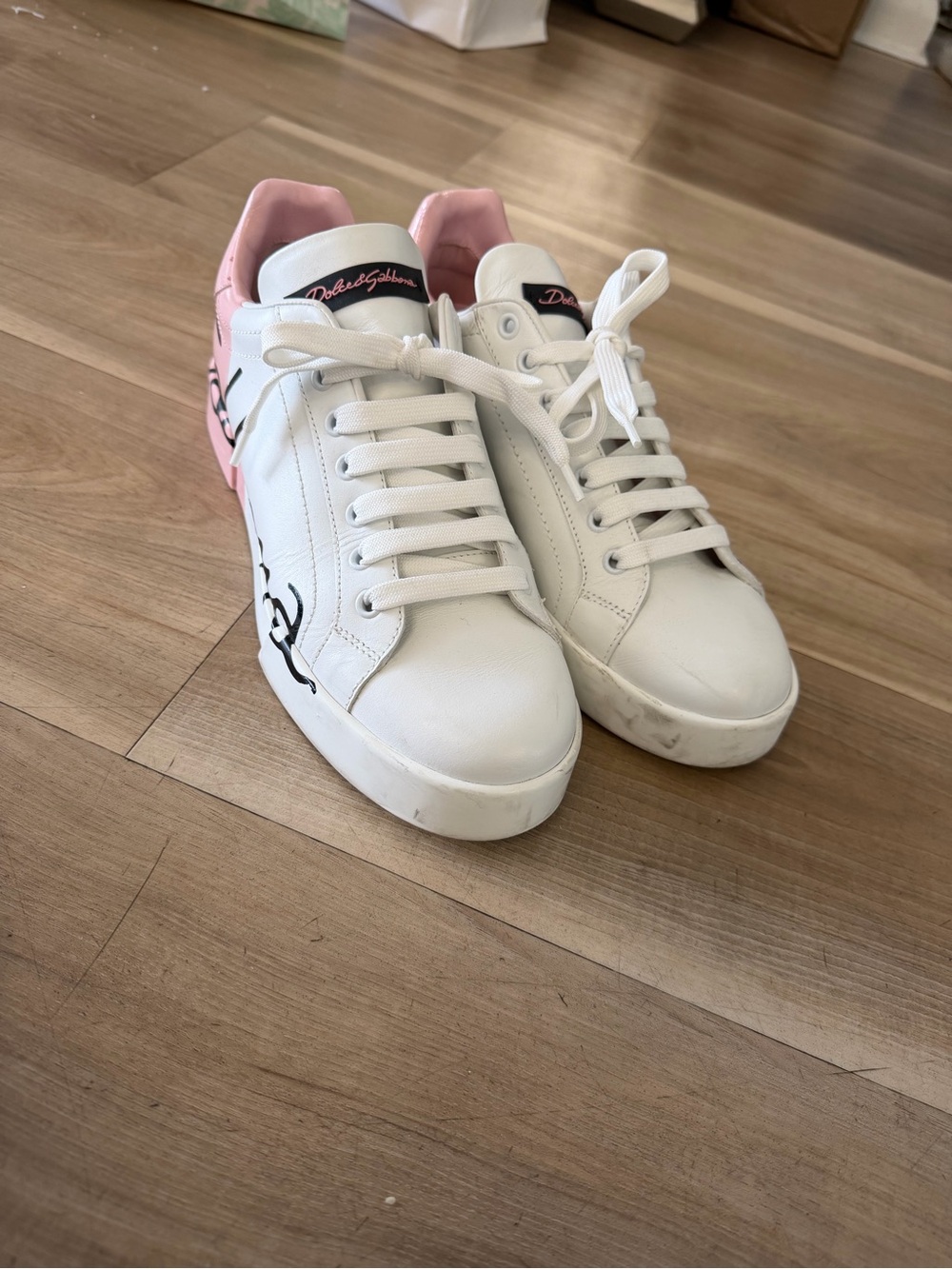 Dolce & Gabbana White and Pink Low-Top Leather Sneakers